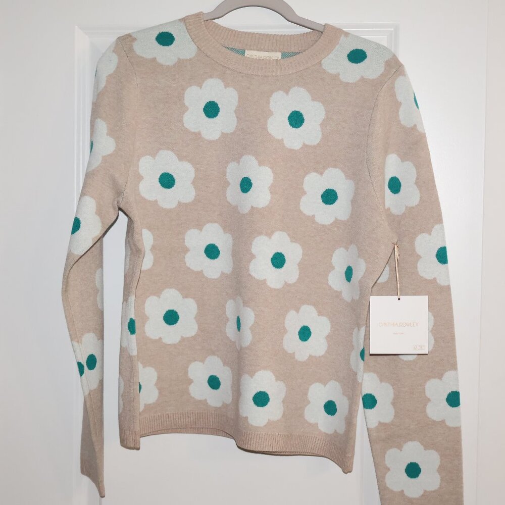 CYNTHIA ROWLEY Double Knit Floral Crew Neck Sweater Large